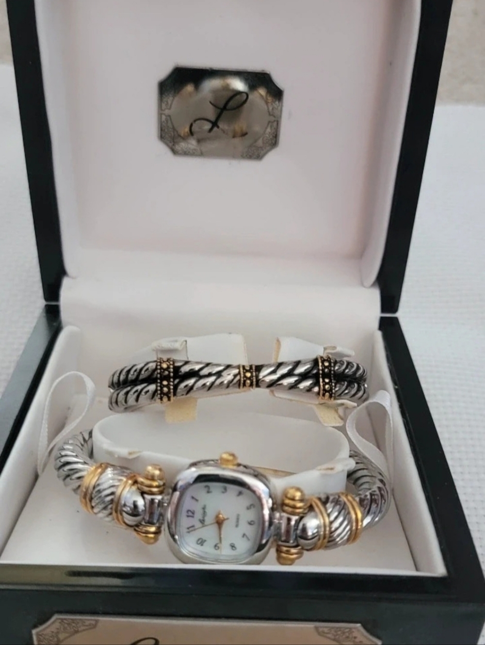 Two-Tone Silver and Gold Twisted Cable Women's Watch and Bracelet Set